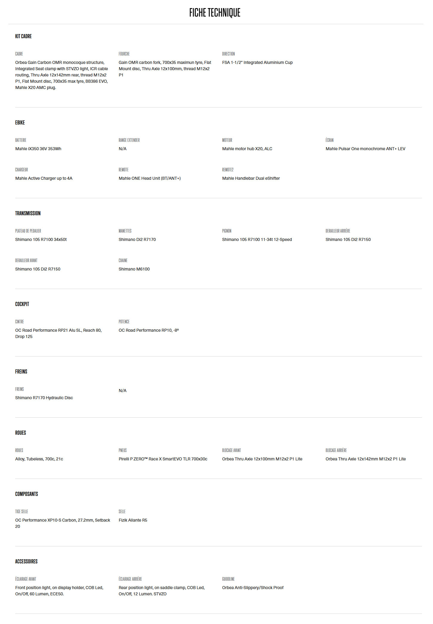 Caractéristique technique du vélo Gain M30I année 2026